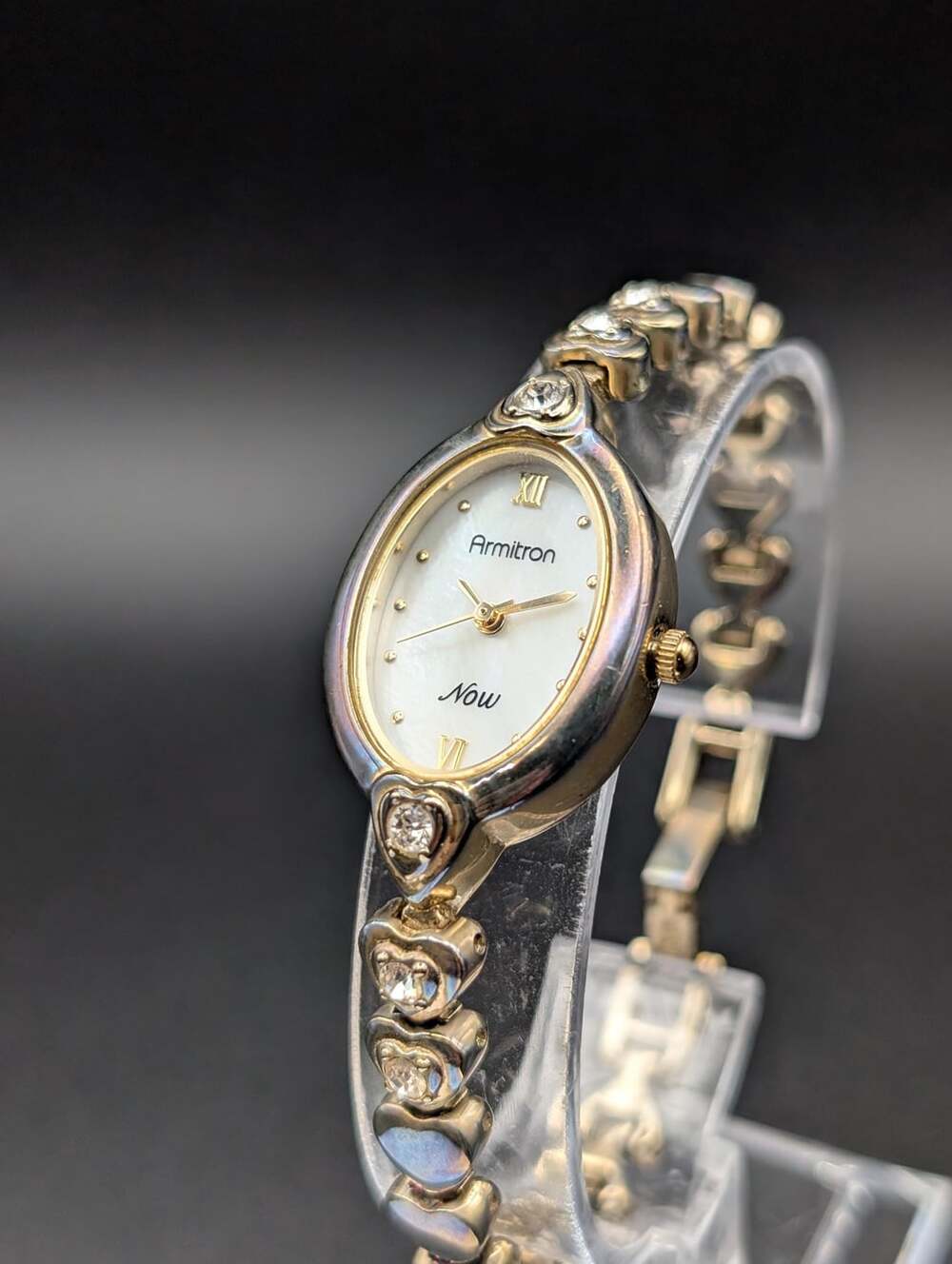 Vintage Armitron Now Oval Quartz Watch, Mother of Pearl Heart Bracelet